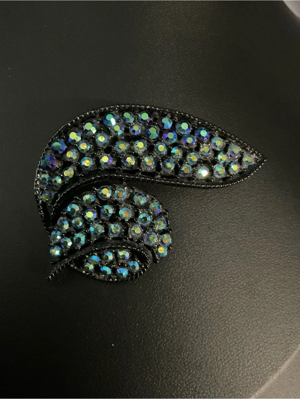 1960s style leaf brooch black enamel and iridescent Aurora Borealis stones 2463